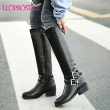 Lloprost ke/Большие размеры 34-46, женские зимние сапоги женские сапоги до колена в стиле ретро с пряжкой и молнией теплые зимние сапоги на меху Прямая поставка