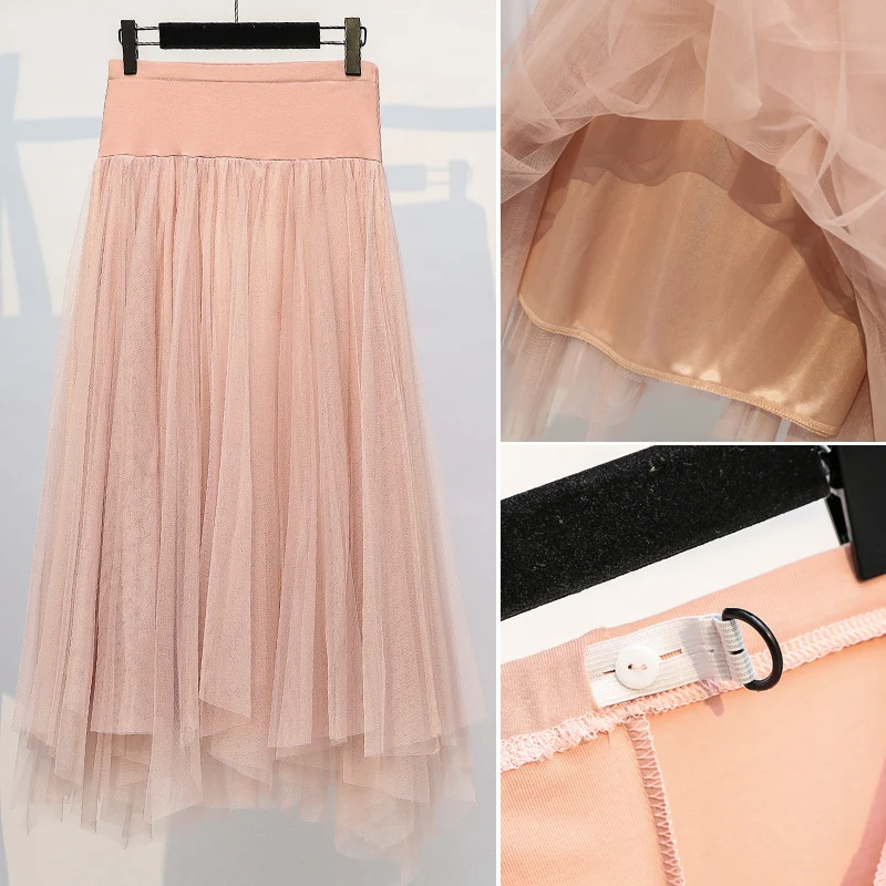Autumn Maternity Irregular Belly Skirt Solid Color High Waist Pregnant Women Sweet Lace Skirts Double Layers Mid-Calf Skirt