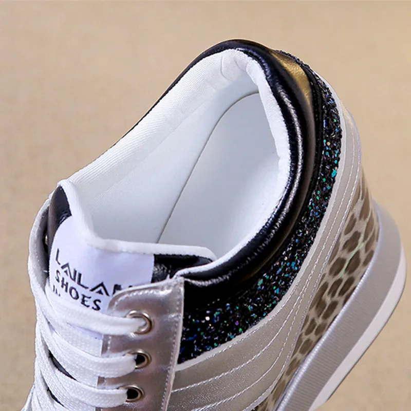 Sneakers Women Leather Height Increasing Bling Sequined Leopard Ladies Shoes Thick Bottom Black Casual Platform Sneakers Female