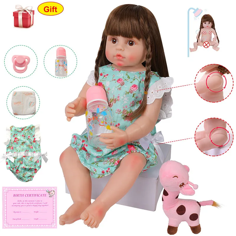 Realistic 22'' Reborn Baby Doll With Brown Eyes Full Body Silicone 56CM Lifelike Newborn Baby Dolls Adorable Green Clothes Toys