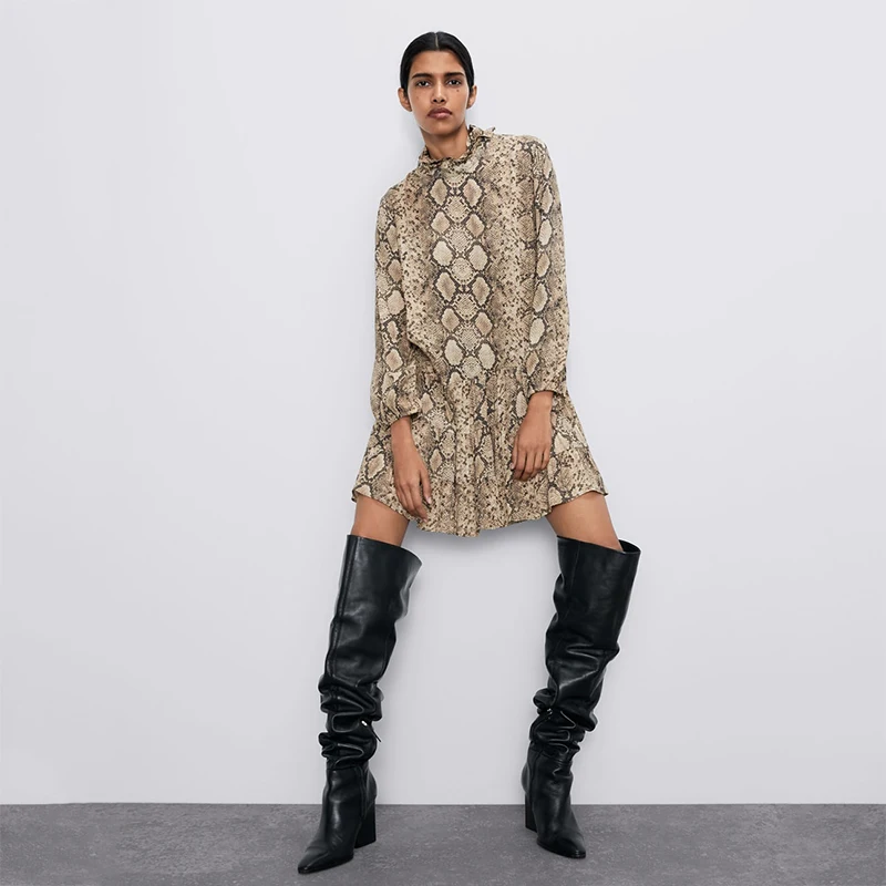

2019 ZA New Snakeskin Print Dress for Women Long Sleeve Stretch Cuffs Stacked Decorative Hem Fashion Loose Dress for Party
