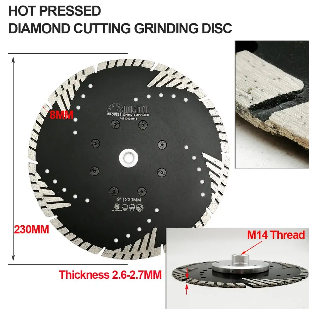 2pcs 9" 230MM Diamond saw Blades cutting discs M14 Thread for multi purpose with slant turbo protection teeth
