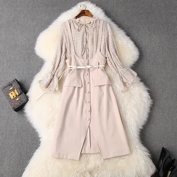 

New 2020 spring summer geometric print chiffon tops and blouse bow flare sleeve + strap dress suit cute two piece set beige