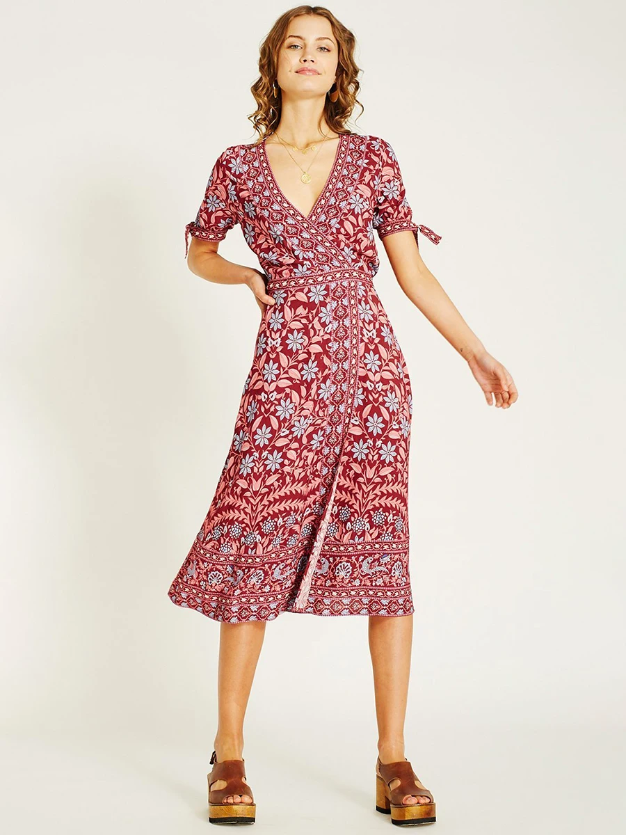 

Red Bohemian Floral Printed Midi Dress Summer Women Short Sleeve V Neck Belted Long Dress 2019 Casual Vintage Beach Dresses