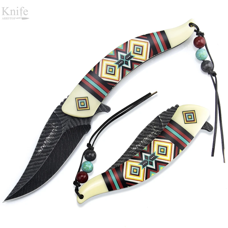 Indian Totem Steel Outdoor Folding knife leaf blade Camping Pocket