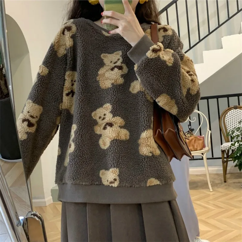 Women Lamb Hair Thick Sweatshirt Teddy Bear Cute Clothes 2023 Woman Harajuku Vintage Plush Sweatshirt Black Brown Streetwear New
