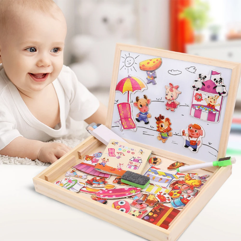 

Children Wooden Puzzles Animal Traffic Forest Tangram Toys Multifunctional Magnetic Drawing Board Baby Puzzle Educational Gift