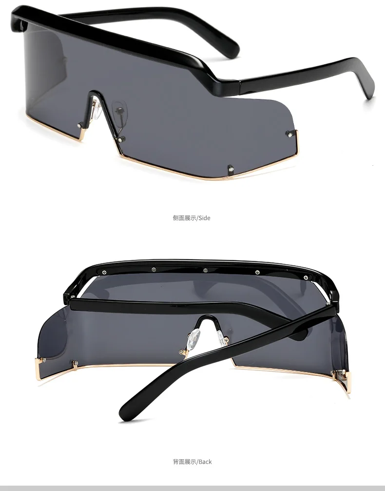 Супер футуристический негабаритный щит козырек Солнцезащитные очки с плоским верхом зеркальные моно линзы Модные женские металлические рамки солнечные очки с заклепками NX