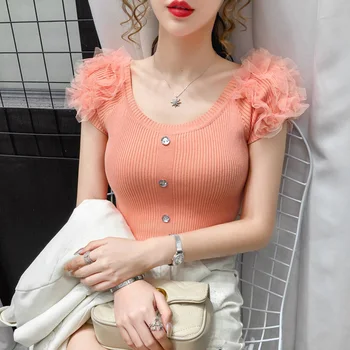 

Women t-shirts New 2020 Summer short sleeve knitted shirt Elegant slim women's shirt Solid color mesh shirt