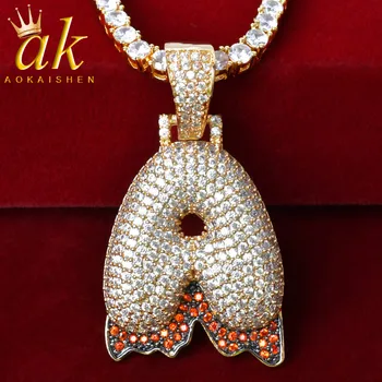 

Initials Red Dripping Bubble Letters With Tennis Chain Necklaces & Pendants For Women Gold Color Hip Hop Jewelry