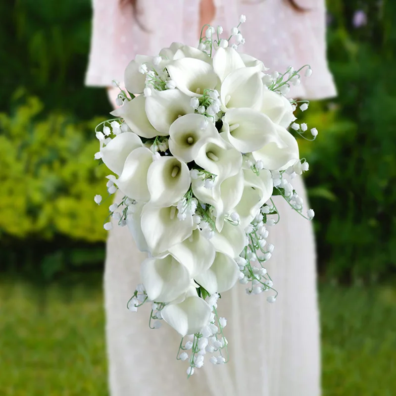 Whitney Wedding Collection Fake Calla Lily Lilies of the Valley Cascading Bridal Bouquet Waterfall Style Flores Para Casamento