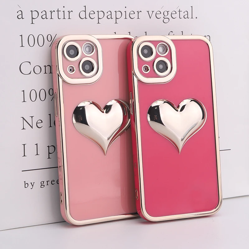 Rose Pink Glossy 3D Love Heart Phone Case For iPhone 11 12 13 Pro Max