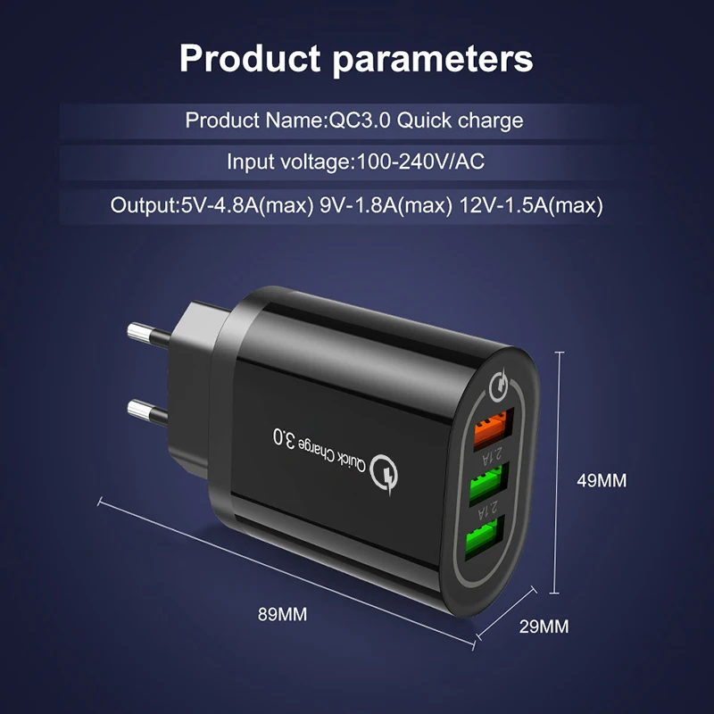 Зарядное устройство для телефона 3 порта USB 3A Max умное быстрое зарядное устройство для путешествий настенное зарядное устройство адаптер для iPhone samsung Xiaomi Redmi Note 7 8 Adapte