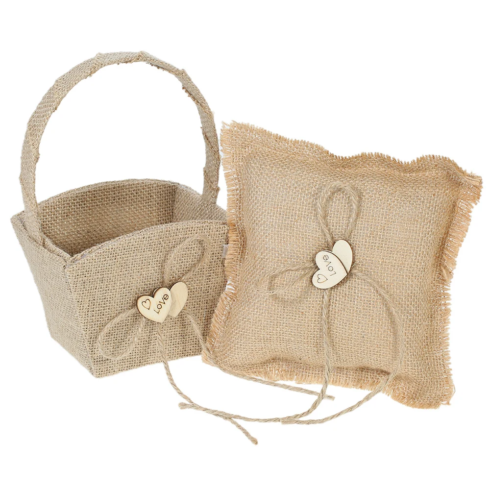 

6 * 6 inches Vintage Burlap Weeding Ring Pillow Double Heart Ring Bearer Pillow and Rustic Wedding Flower Girl Basket Set