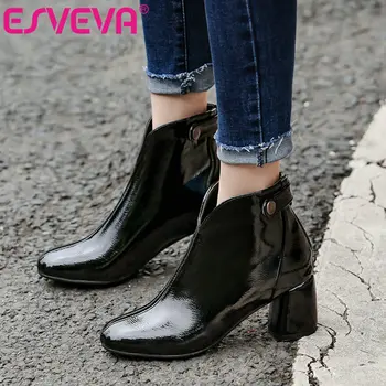 

ESVEVA 2020 Women Shoes Winter Ankle Boots Square High Heel PU Patent Leather Western Style Motorcycle Platform Boots Size 34-43