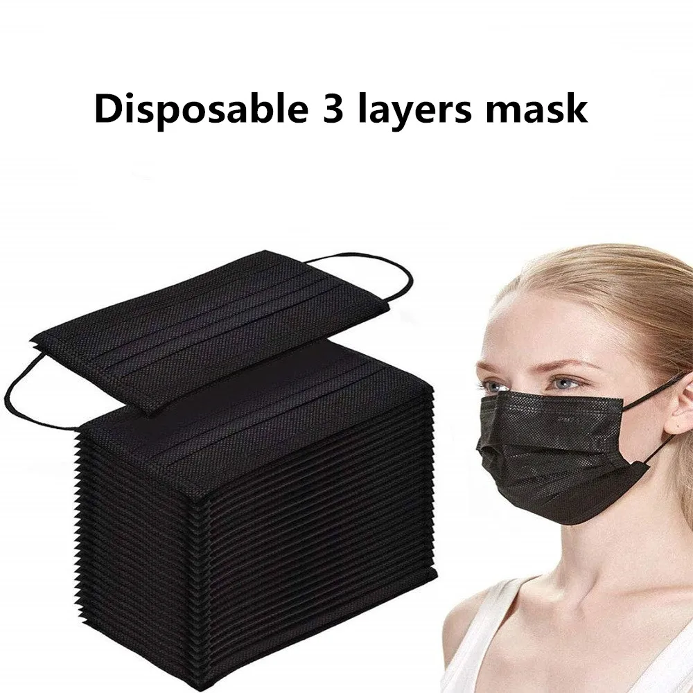 

30/50/100pcs Black Face Mask 3 Layers Disposable Prevent Anti-Dust Bacteria Civil Earloop Unisex Mouth Masks