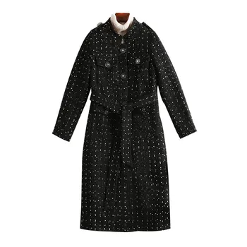 

Plus Size XL-5xl Woman Polka Dot Wool Blend Coat black Long Sleeve Single Breasted Wool Overcoat Trench Coat women blend coat