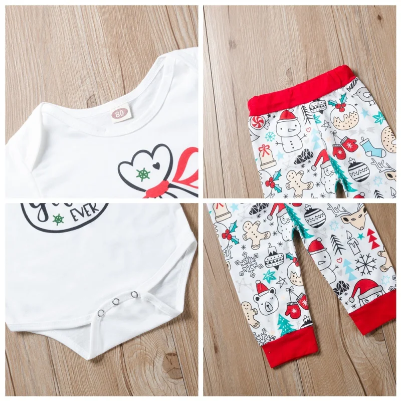 3-18M Toddler Outfits Casual Fashion Baby Christmas Printing Bodysuit Trousers Hat Kids 3pcs Outfit Set