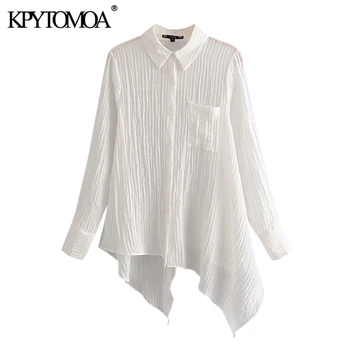 

KPYTOMOA Women 2020 Fashion Asymmetric Texture Blouses Vintage Lapel Collar Long Sleeve Pockets Female Shirts Blusas Chic Tops