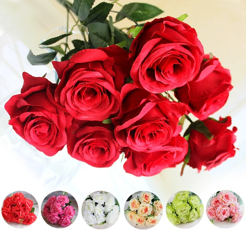 Wedding 9 Rose Heads Bouquet Fake Artificial Flower Cream Rose Arrangment