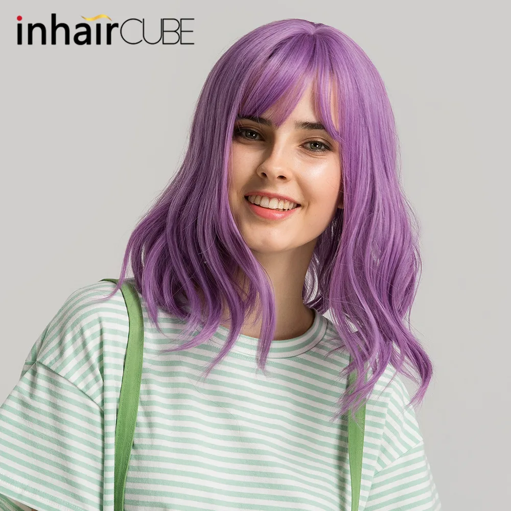Inhaircube 14 дюймов длинные волнистые женские синтетические парики фиолетовые темные