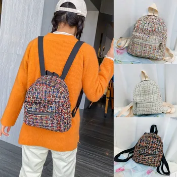 

Mochila Fashion Women's Outdoor Simple Zipper Contrast Color Wool Backpack Travel Bag рюкзак женский