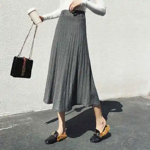 Гофрированные длинные юбки для женщин, Осень-зима, корейский стиль, элегантные, винтажные, высокая талия, трапециевидная, вязанная шерстяная юбка, черные, серые, B319 - Цвет: Серый