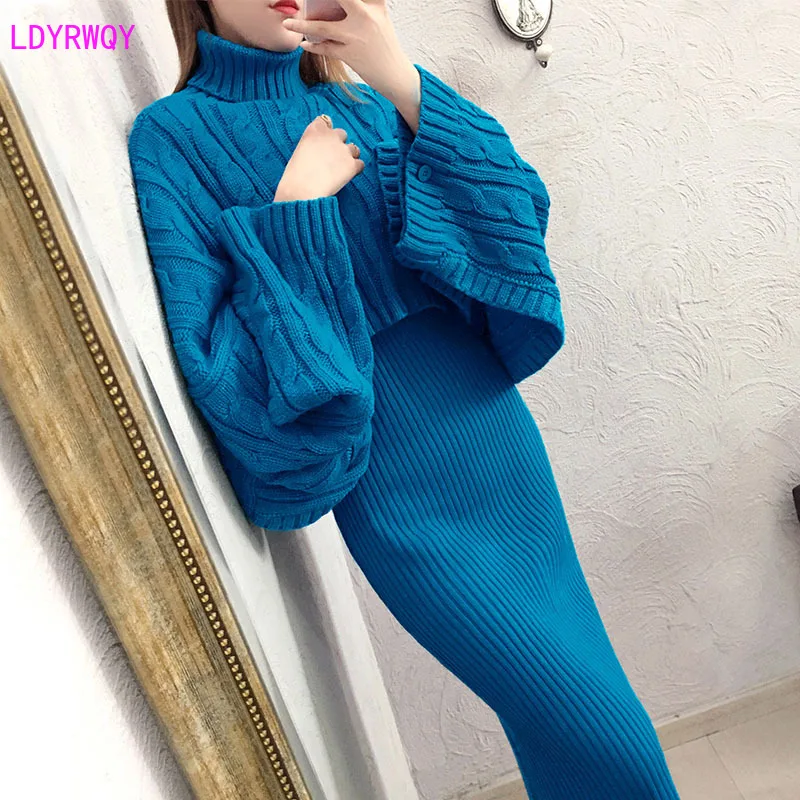 

2019 autumn and winter new Korean women's net red high collar long-sleeved loose sweater slim dress fashion two-piece Solid