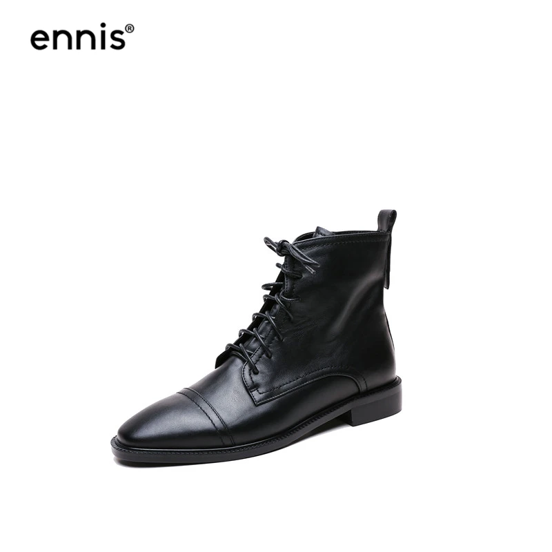 Black ENNIS/брендовые Ботинки martin на плоской подошве; женские ботинки «Челси» из натуральной кожи; Зимние ботильоны на шнуровке; Женская Осенняя обувь черного цвета на молнии; A9380 - Цвет: Black