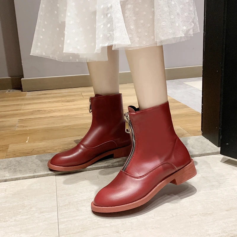 Women Boots Flat Short Black Red Beige Ankle Front Zipper Round Toe M31 | Обувь