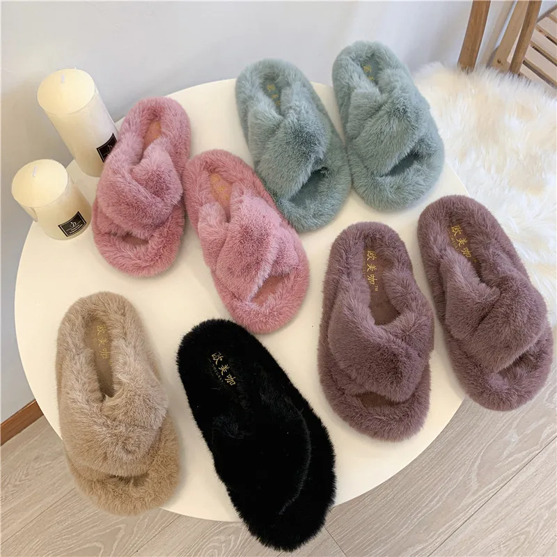 

SLHJC Nice Slippers Women Autumn Winter Open Toe Fur Slippers Flat Heel Shoes Cozy Soft Female Slides Casual Drags