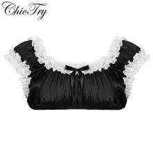 Сексуальное мужское гладкое атласное нижнее белье без рукавов с оборками и кружевным подолом, топ-рубашка, укороченный топ, ночное белье, мужские топы с бюстгальтером