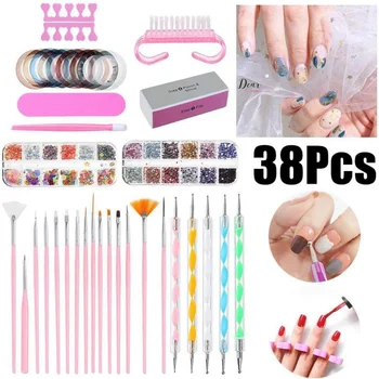 

38PCS 3D Nail Art Supplies With Glitter Nail Rhinestones Nail Dotting Pen Nail Striping Tapes DIY Tools Set