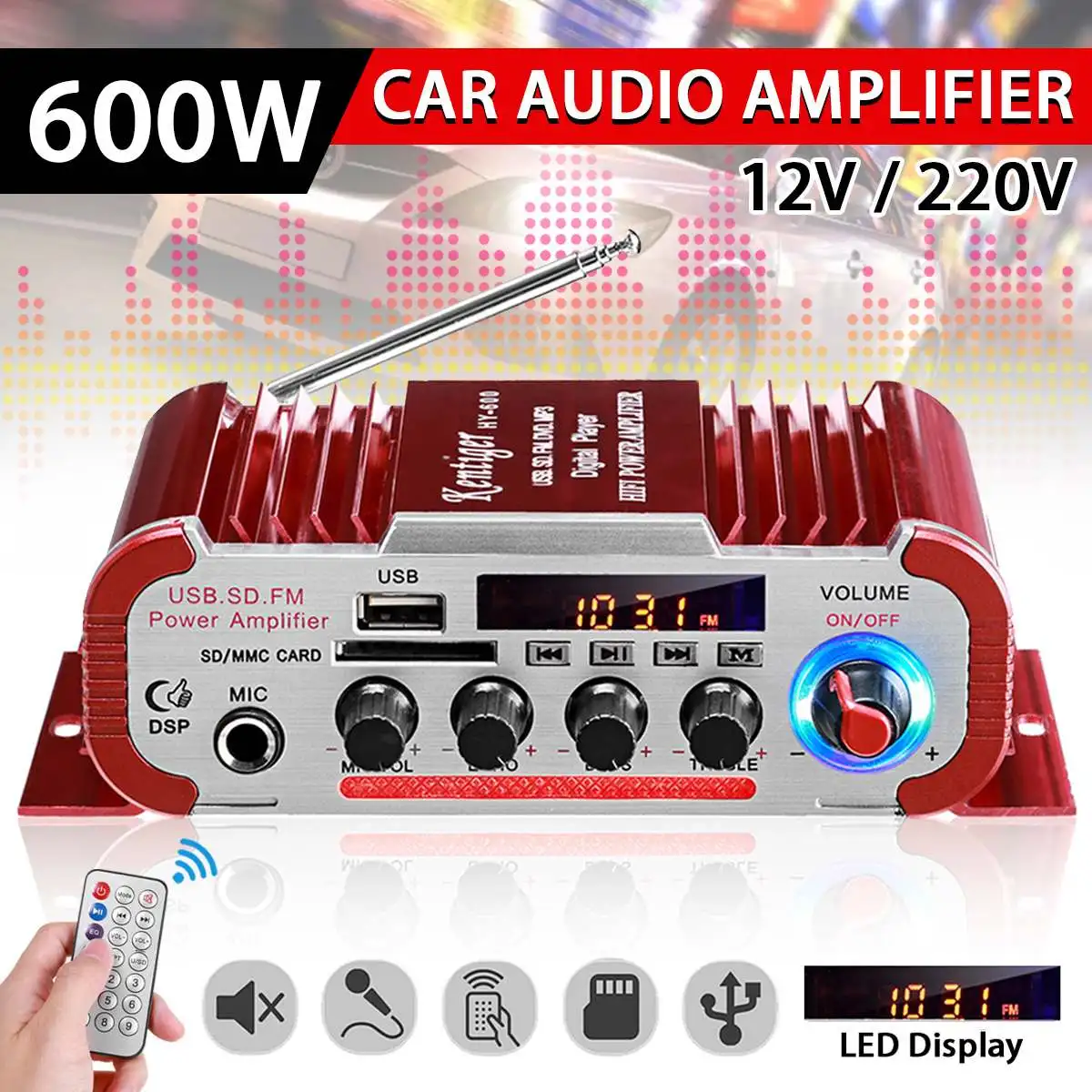 HY60 600W 12V/220V 2.0CH HIFI Audio Amplifier LCD Display Class D Power Amplificador Radio Car Home Super Loud Speaker FM USB SD