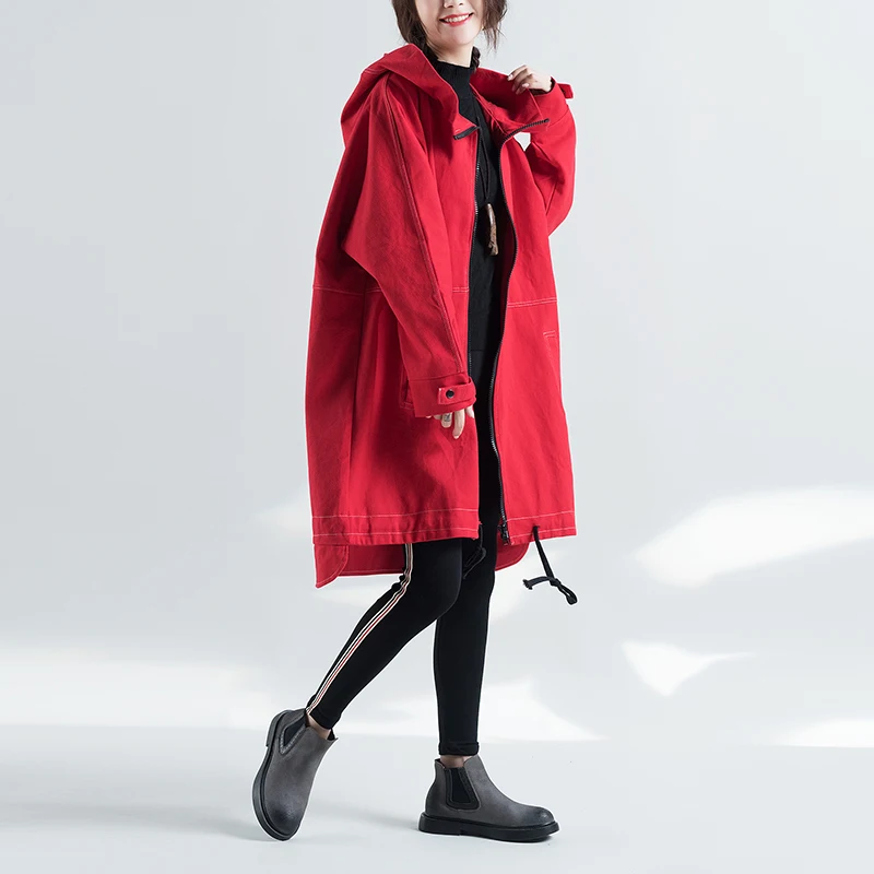 

[EWQ] 2019 Autumn New Pattern Hooded Collar Long Sleeve Red Female Patchwork Loose Windbreaker Women Trench Coat AH149