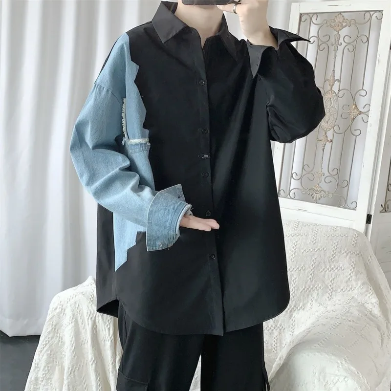 

Autumn Denim Stitching Shirt Men's Fashion Contrast Color Casual Shirts Mens Streetwear Wild Loose Long Sleeve Shirt Men M-2XL