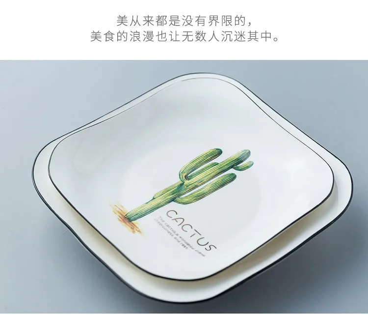 Creative Household Square Ceramic Plate Simple Creative Household Plate Heated Textured Cactus Square Plate