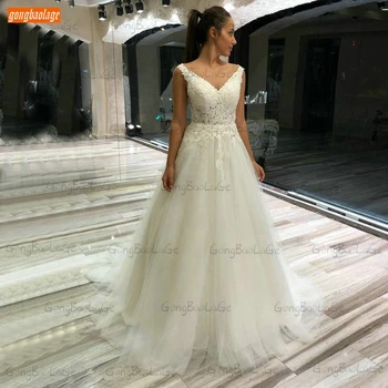 

Elegant V Neck Wedding Dresses 2021 Boho Vestido De Novia Sleeveless Lace Appliqu Tulle A Line Bride Gown Backless Suknia Slubna