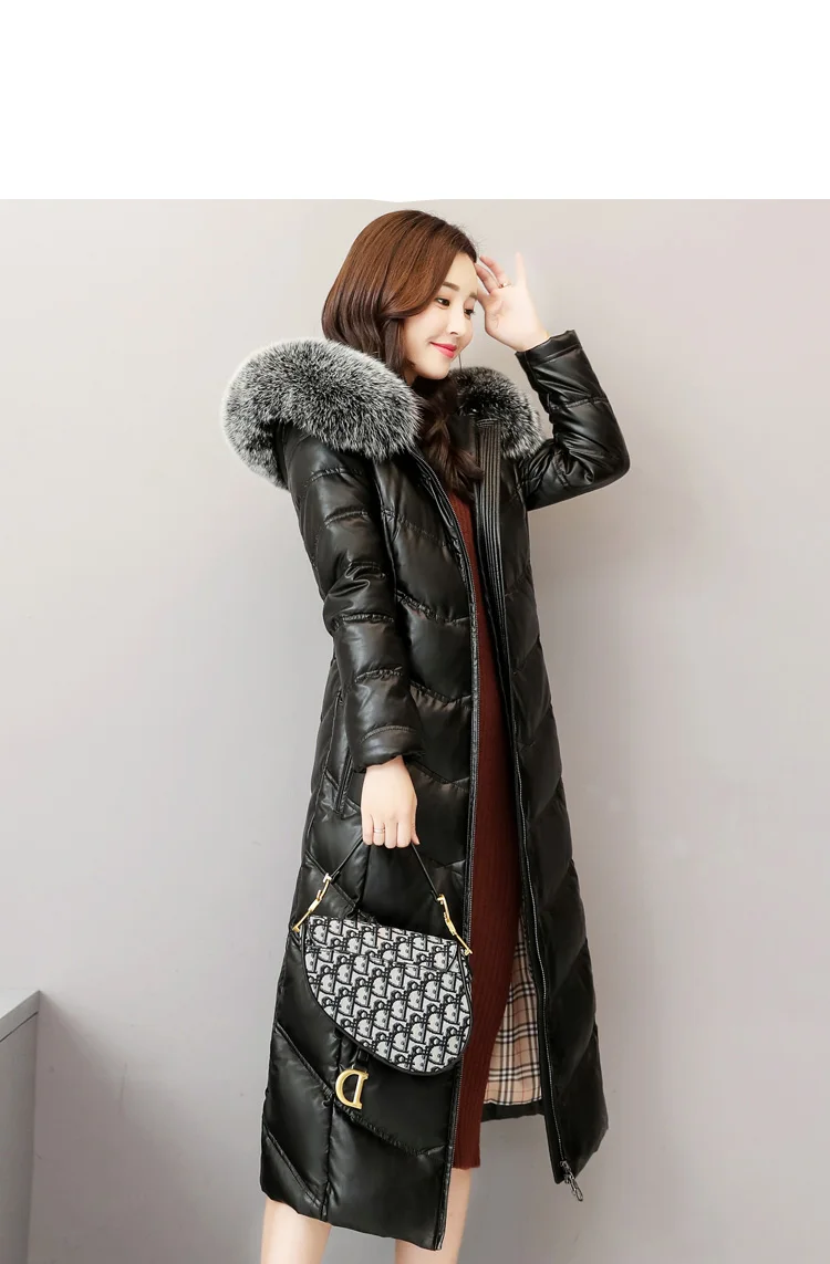 High quality Winter Down jacket Women Sheep Leather fox fur collar Female Hooded Long Coat Thick Slim Plus Size Female Parkas