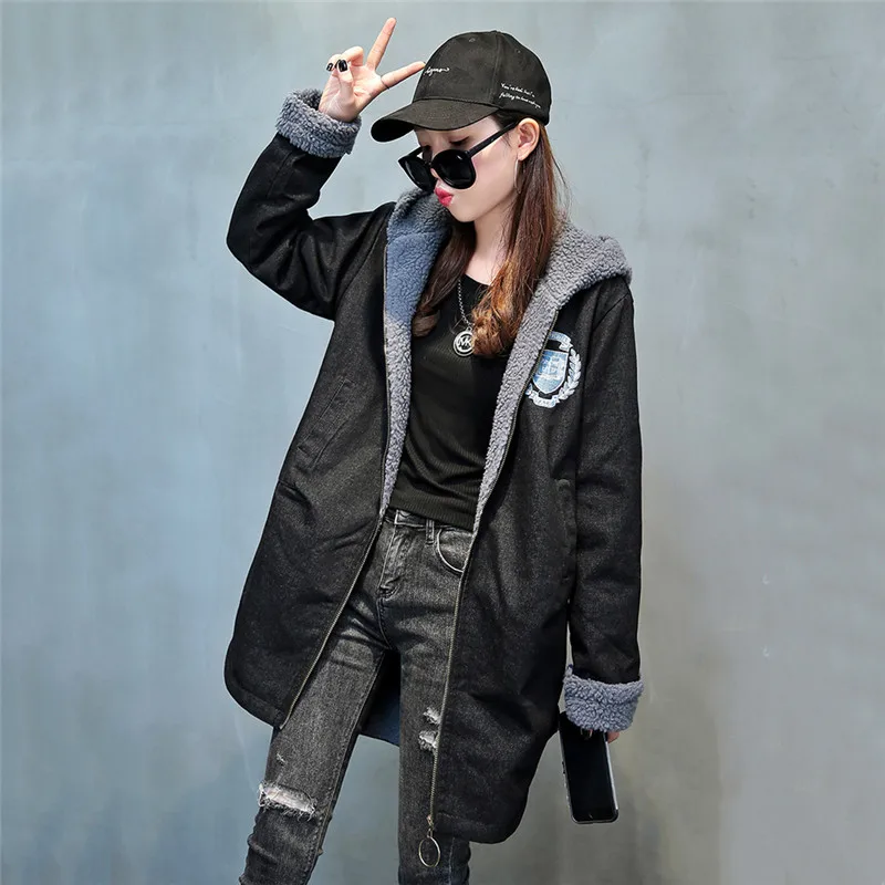 

Parkas Autumn Winter Denim Jacket 2019 New Mid Long Loose Plus Velvet Thick Coat Large Size Hooded Female Cotton Outwear JIA505