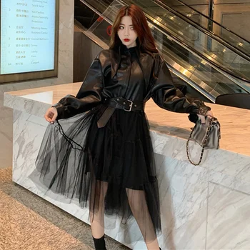 

Women's Jacket Autumn And Winter Quality Temperament Korean Leather Coat Jacket Stitching Mesh Long