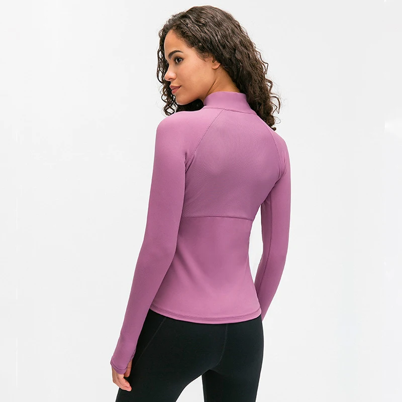 Colorvalue Naked-feel Fabric Slim Fit Yoga Sport Jacket Women Full Zipper Ribbed Gym Fitness Coat with Two Pocket/Thumb Holes