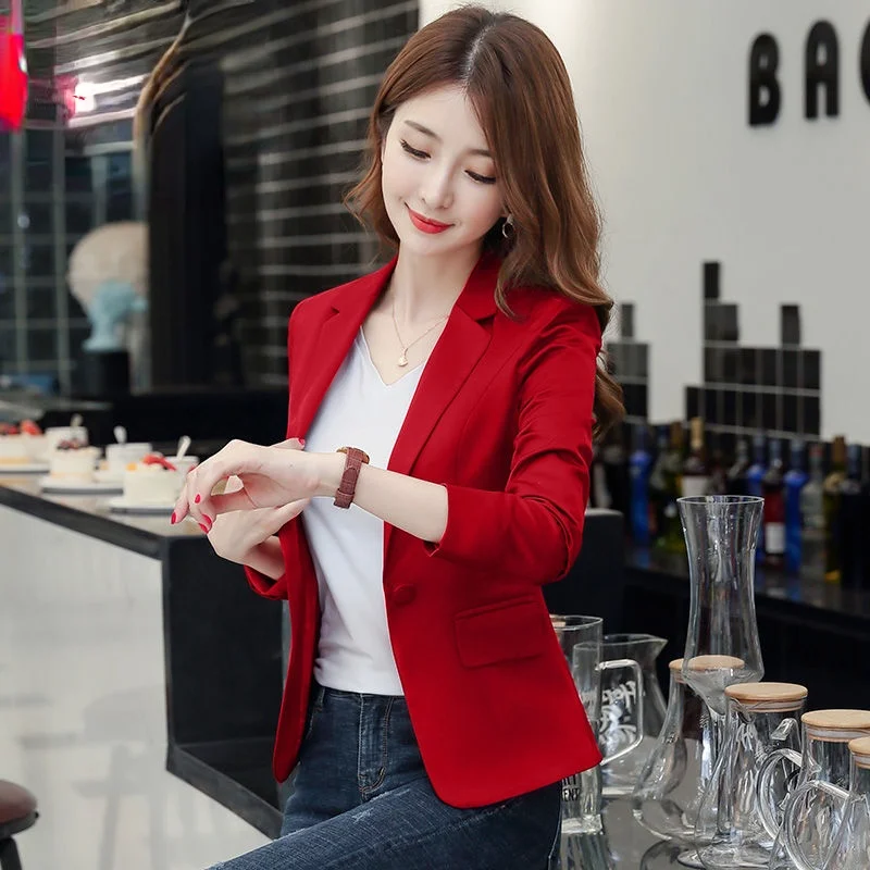 Red Blazer Women Long Sleeve Suit Jackets Femme Solid Black Single Button Coat Slim Fit Office Lady Coat Female Top 2021 Fall 2