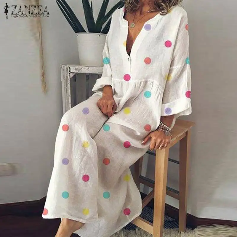 

Autumn Vintage Polka Dot Dresses ZANZEA 2019 Women Party Shirt Dress Casual V Neck Long Sleeve Loose Long Vestidos Famele Robe