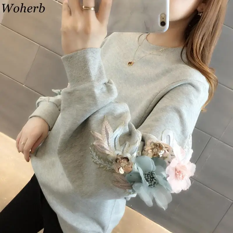 Woherb, новинка, повседневный свободный свитер для женщин, вышивка 3D, цветок, фонарь, рукав, толстовки, пуловер, корейская мода, новинка 91266