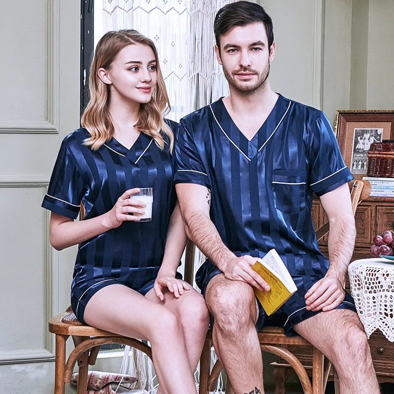

Spring and summer new simulation silk couple wear home service men and women soft fashion solid color silk pajamas set promotion