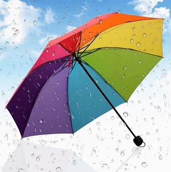 

Beautiful Compact Tri-folded Umbrella Rainbow New Parasols Strong Windproof Rain Umbrella Women Men Umbrella