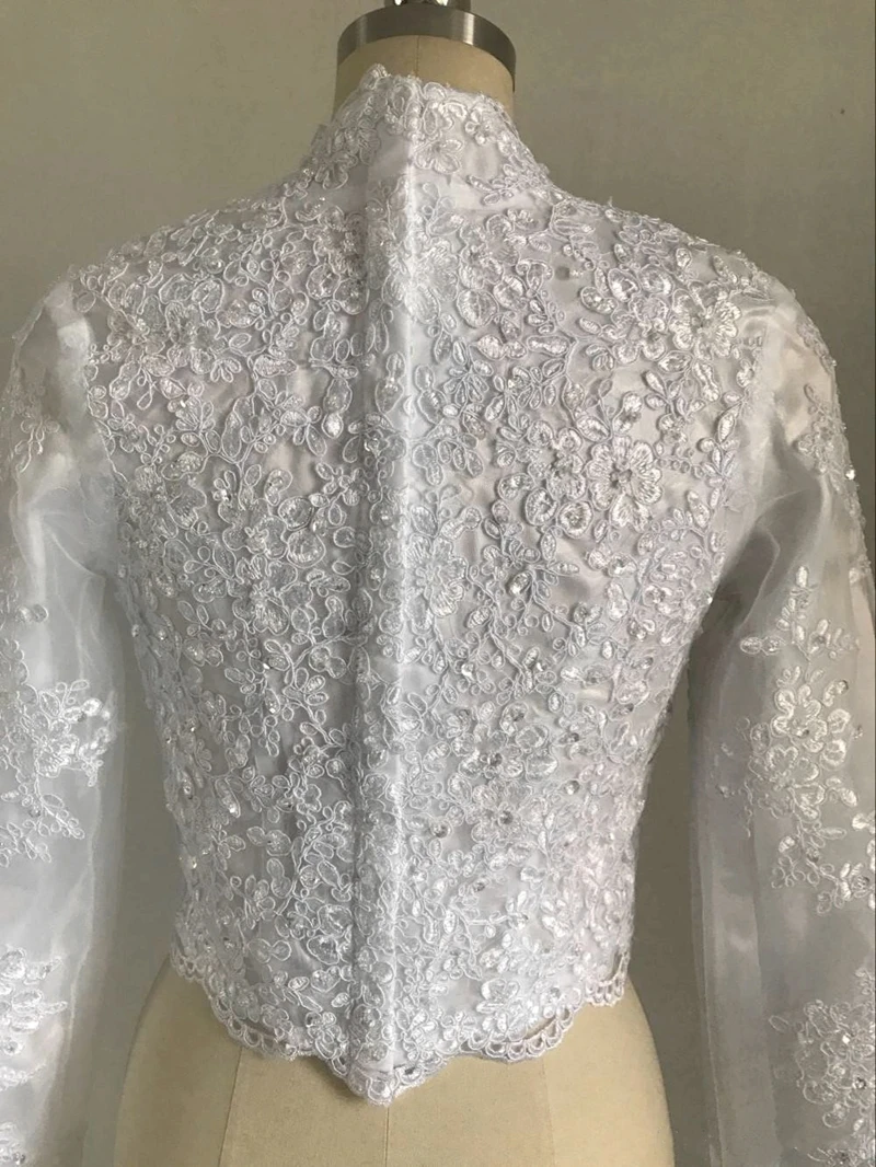 Muslim Wedding Boleros with Lining Jackets High Neck Ivory/White Long Sleeve Lace Beaded Bridal Jacket Shrug 2020 Elegant Wraps