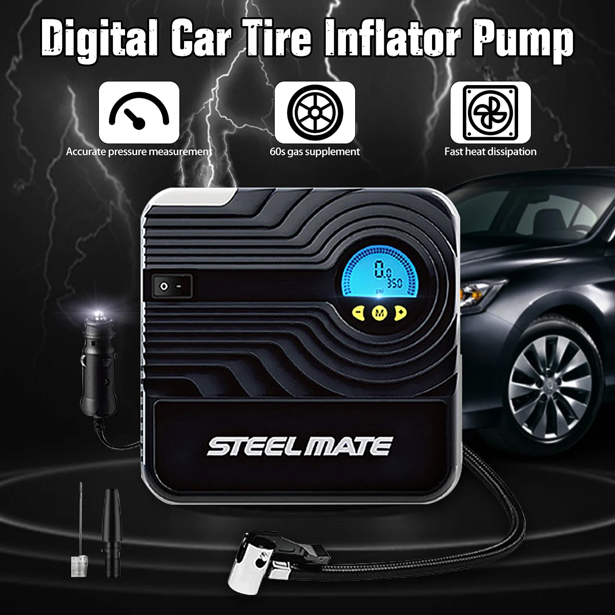

Digital Portable Mini Car Wheel Tire Inflatable Pump Inflator Air Compressor Electric Inflating Machine Nozzle Travel Accessorie