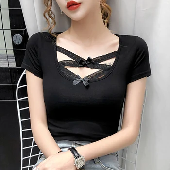 

Women tops New 2020 Summer short sleeve Solid color tshirt women's shirt Sexy Lace up women clothes